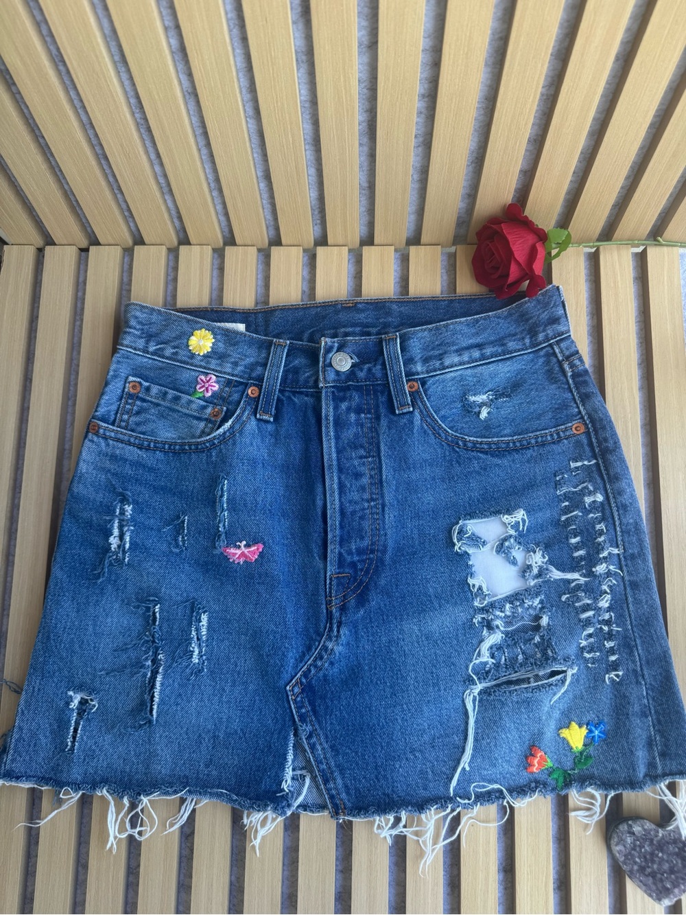 Levi's Distressed Embroidered Blue Denim Mini Skirt